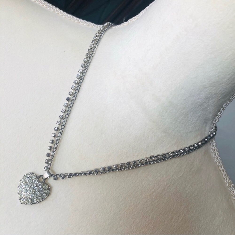 Vintage recycled double strand rhinestone heart pendant necklace